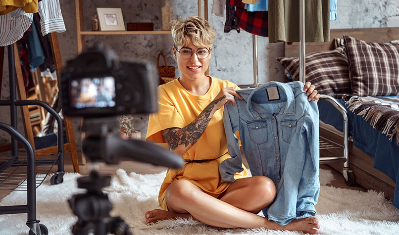Woman sat crossed legged on the floor holding up a jacket in front of a camera.